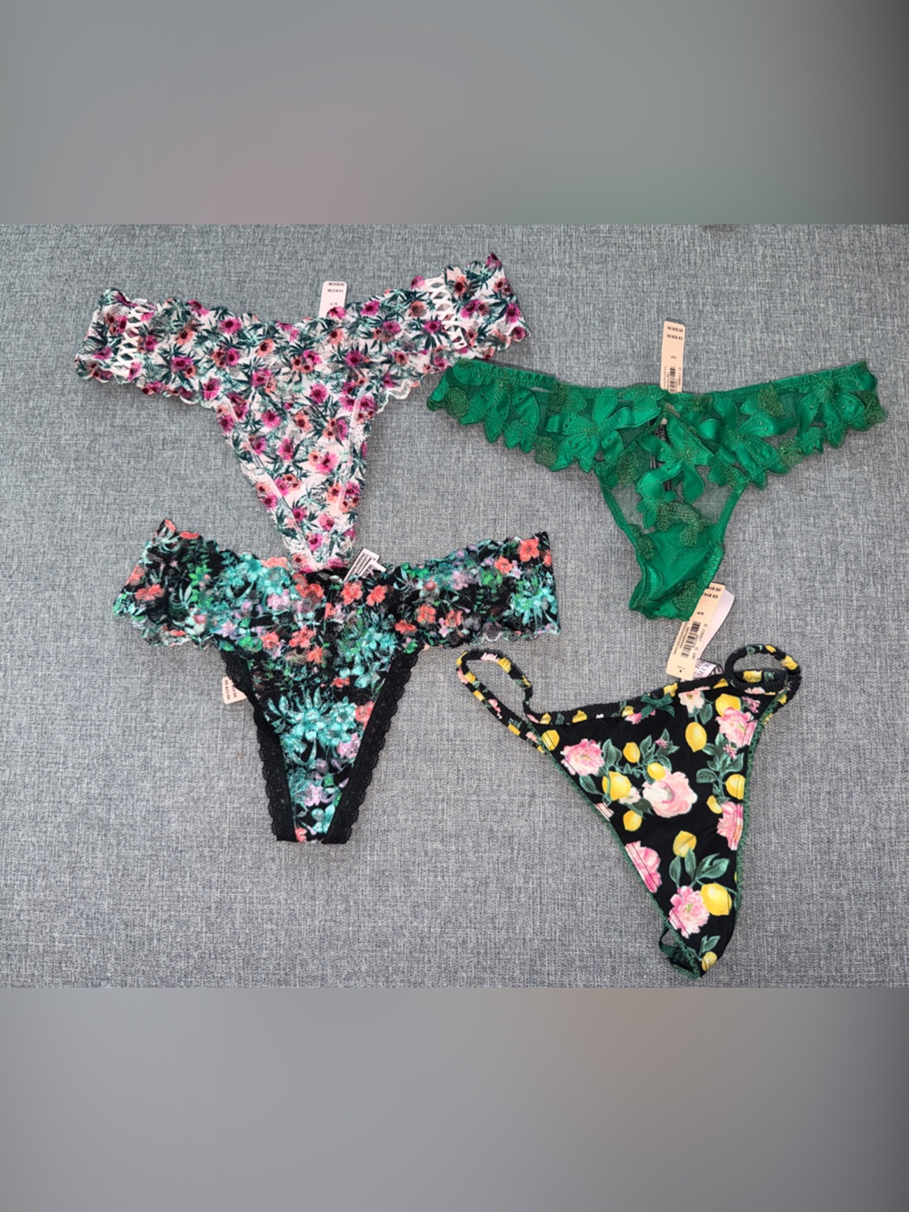 Set of 4 VS Mixed Floral Lace Thong Set - Black, Green, Pink, Multi-NWT-S